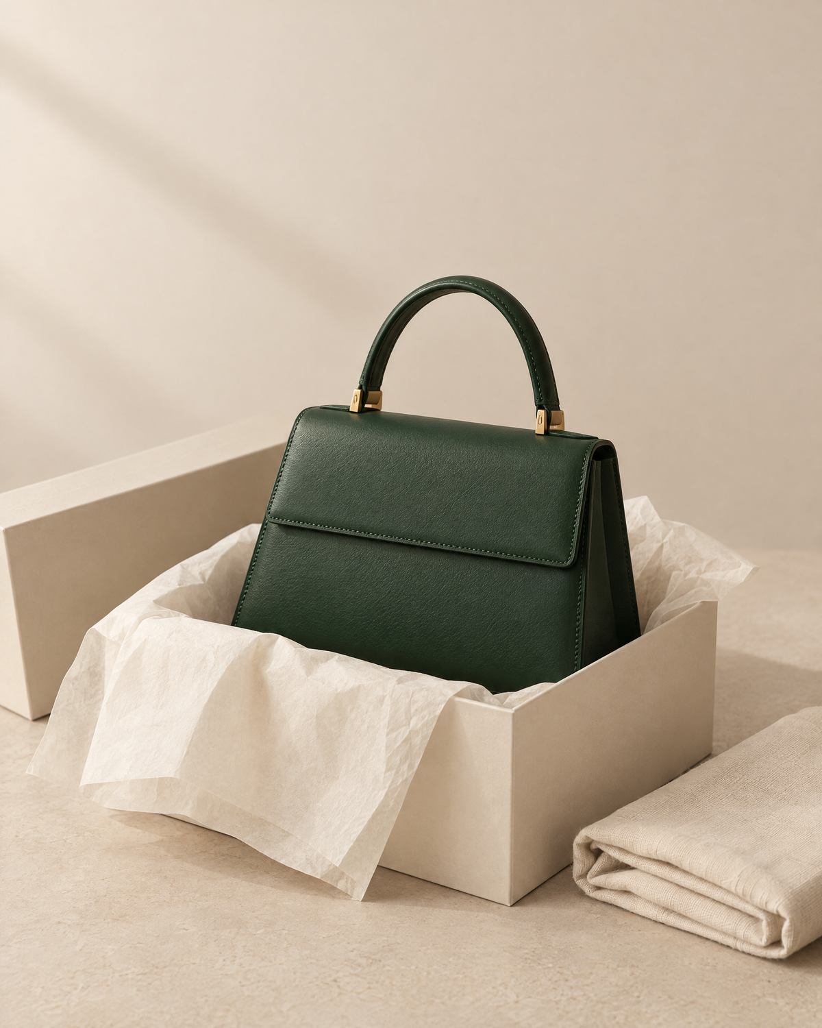 A forest-green leather top-handle bag resting in its box on tissue paper, beside a folded dust bag
